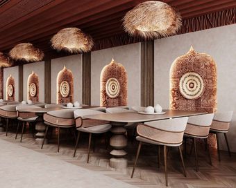 Formal dining — banquette seating along the feature wall