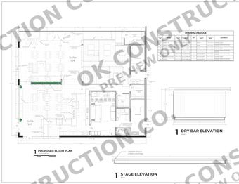 Proposed floor plan, door schedule and dry bar elevation